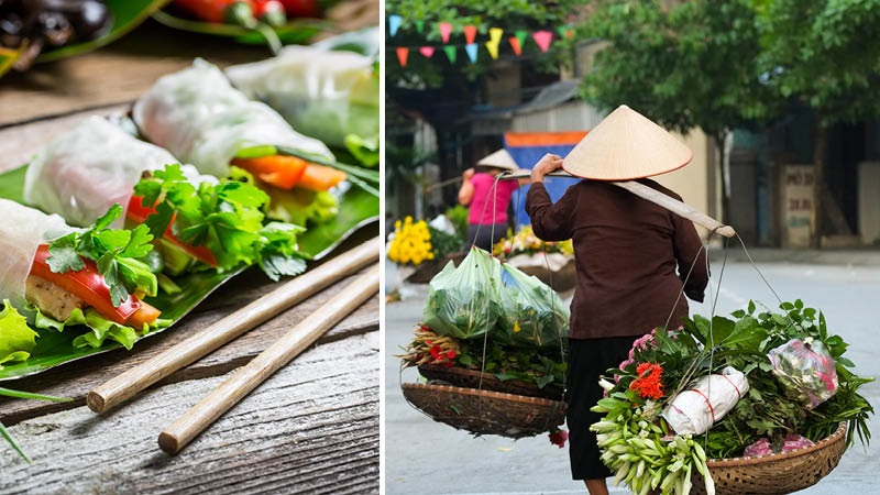 Vietnamesisk kvinna med grönsaker och vietnamesisk mat.